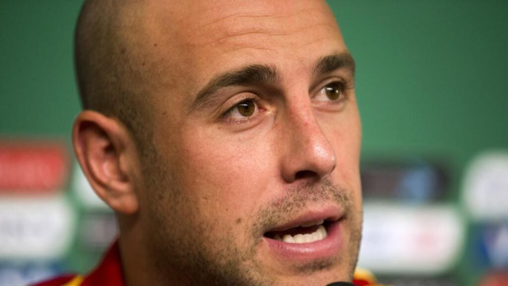 Spain’s Pepe Reina speaks during a Confederations Cup news conference.