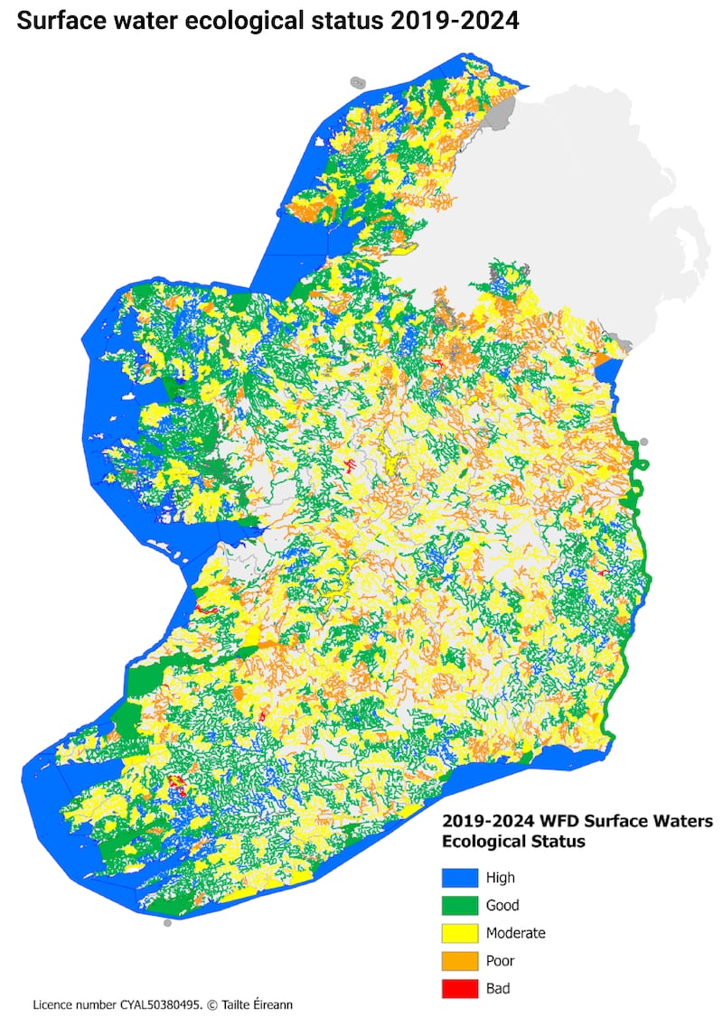 A map of Ireland's surface water ecological status 2019-2024