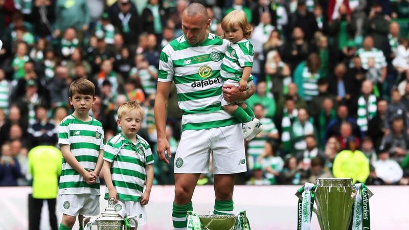 Scott Brown with his children during his testimonial match against a Republic of Ireland XI at Celtic Park. Photograph: Ian MacNicol/Getty Images