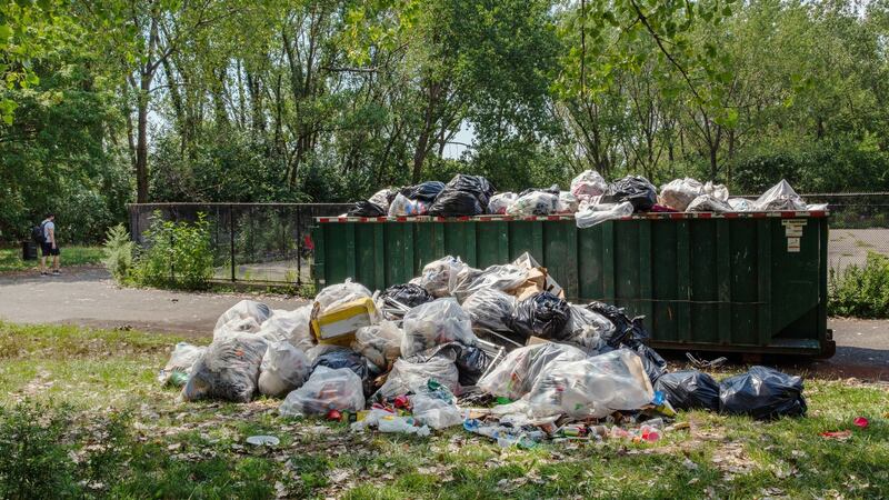 A crew of volunteers has helped pick up trash at Soundview Park, in the Bronx. Budget cuts have left some of New York City’s green spaces with unmown lawns, unemptied garbage cans and littered playgrounds. Photograph: New York Times