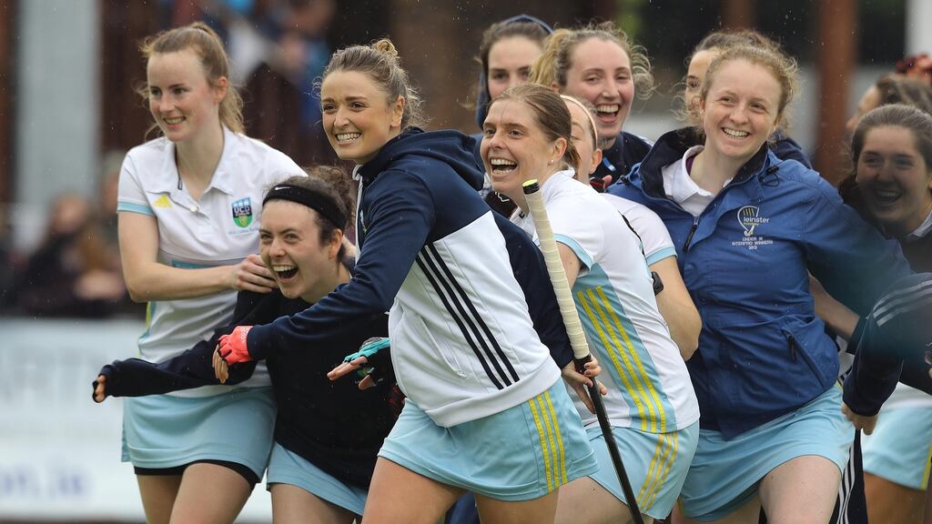 UCD players celebrate  beating Hermes-Monkstown in a penalty shootout to win EY Women’s Champions Trophy Final. Photograph: Lorraine O’Sullivan/Inpho