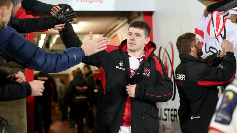 Nick Timoney celebrates the Champions Cup victory over Harlequins with Ulster fans at Kingspan Stadium last month. Photograph: Bryan Keane/Inpho