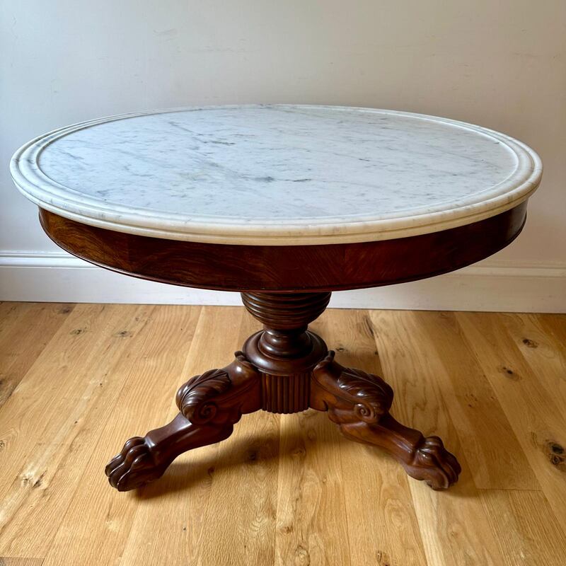 Early-19th-century mahogany table with a Carrera marble top from Ashbrook Antiques (€1,450)