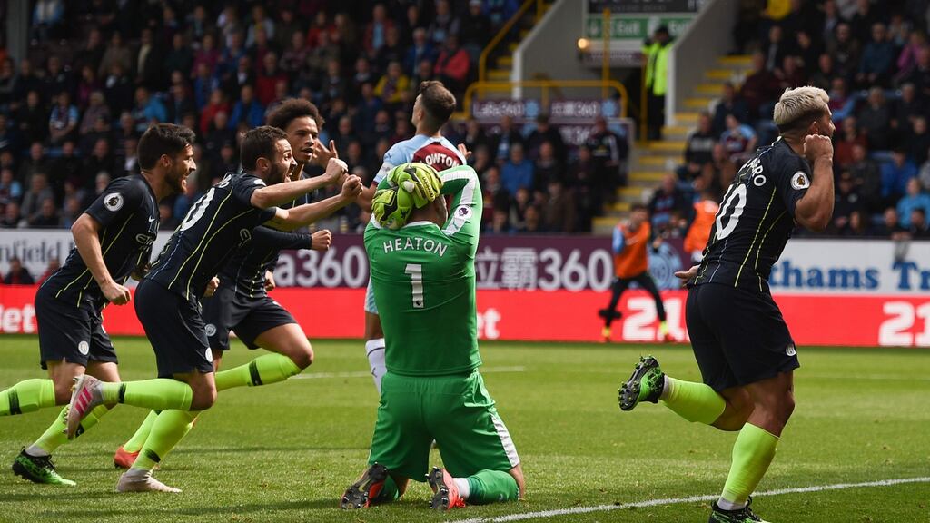 Burnley goalkeepr Tom Heaton reacts after Sergio Aguero scored Manchester City’s winner at Turf Moor. Photograph: Oli Scarff/AFP/Getty