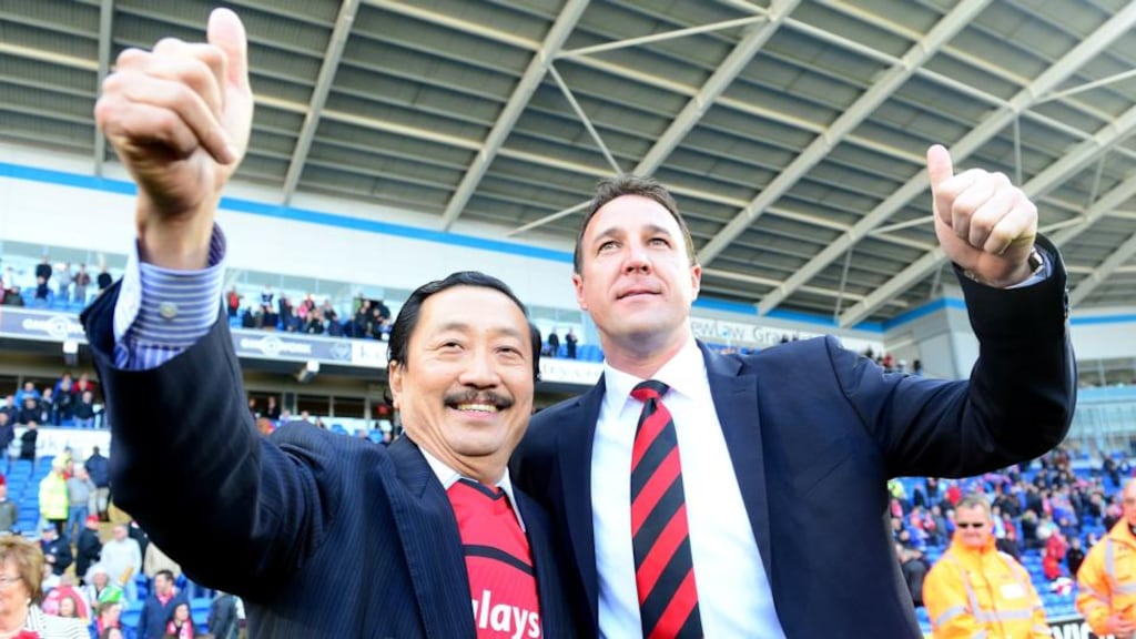 Cardiff City chairman Vincent Tan (left) and former manager Malky Mackay before their relationship soured. Photograph: PA Wire.