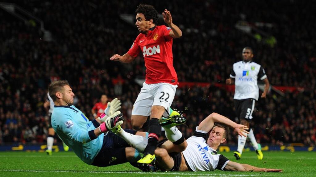 Manchester United’s Fabio Da Silva scores his side’s fourth goal during last night’s match.