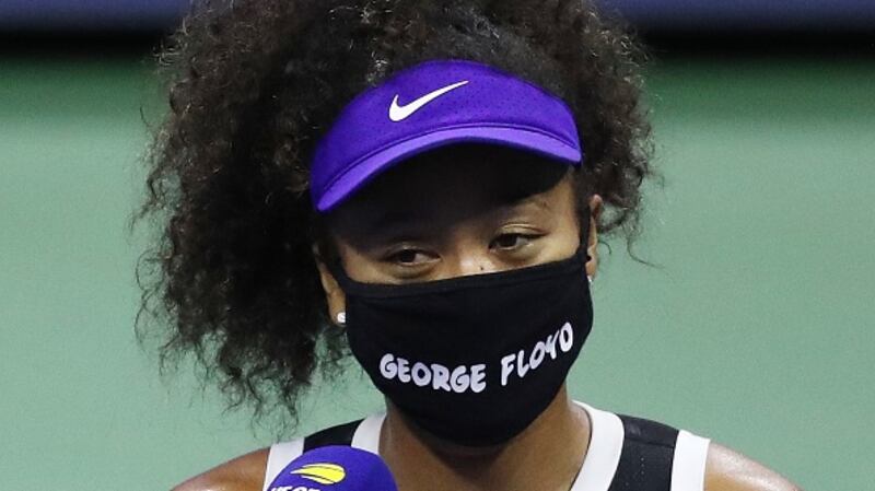 Naomi Osaka of Japan wears a mask with the name of George Floyd on it during the US Open. File photograph: Getty Images