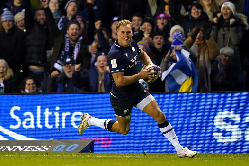 Scotland's Duhan van der Merwe scoring his side's third try of the Six Nations game against England at Murrayfield, Scotland. Photograph: Andrew Milligan/PA