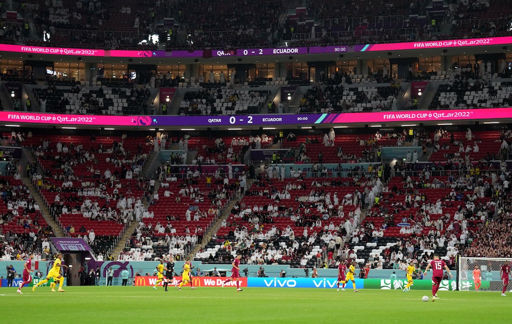 Fans appear to leave before final whistle during the World Cup Group A match between hosts Qatar and Ecuador. Photograph: Mike Egerton/PA Wire