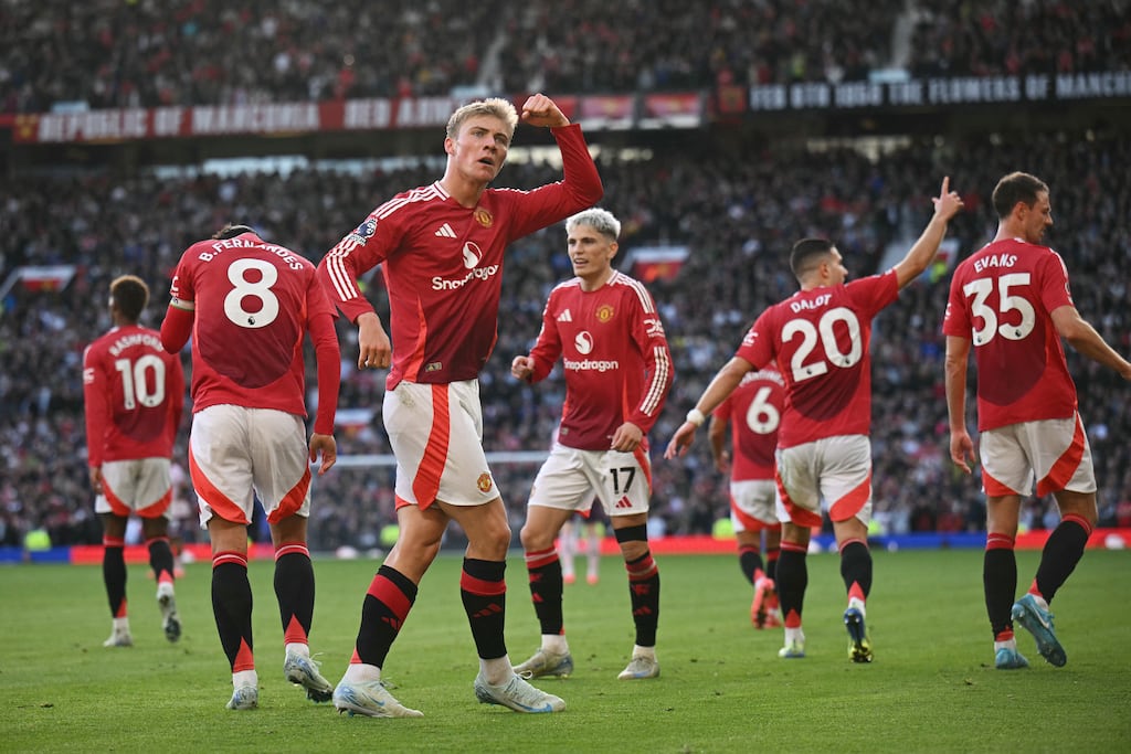 Rasmus Hojlund celebrates scoring Manchester United's second goal during the Premier League match against Brentford at Old Trafford. Photograph: Oli Scarff/AFP via Getty Images