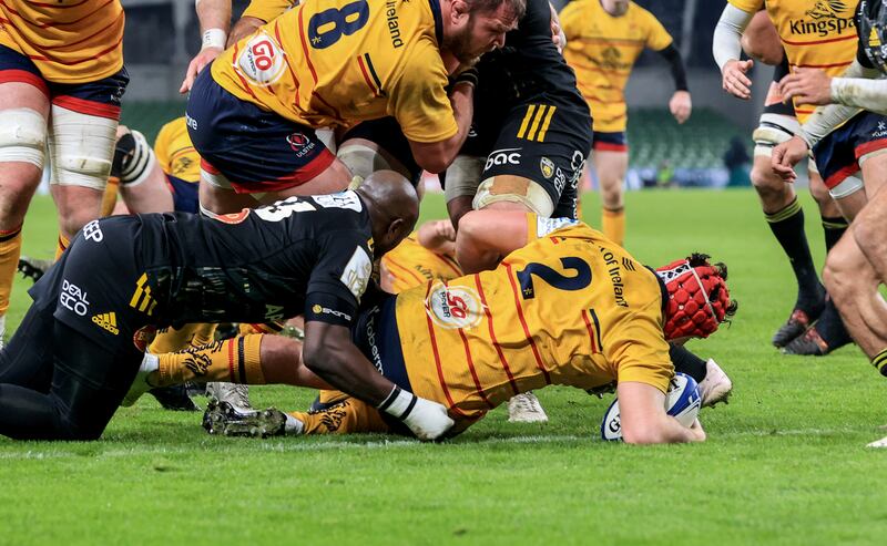 Ulster’s Tom Stewart scores a try at the Aviva Stadium. Photograph: Dan Sheridan/Inpho