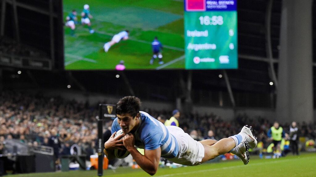 Argentina’s Bautista Delguy scores their first try in the autumn international against Ireland at the Aviva stadium. Photograph: Clodagh Kilcoyne/Reuters