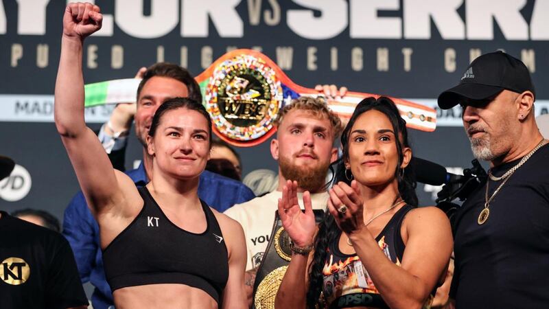 Katie Taylor and Amanda Serrano during the weigh-in for their World Lightweight title fight at Madison Square Garden in New York on Saturday night. Photograph: Gary Carr/Inpho