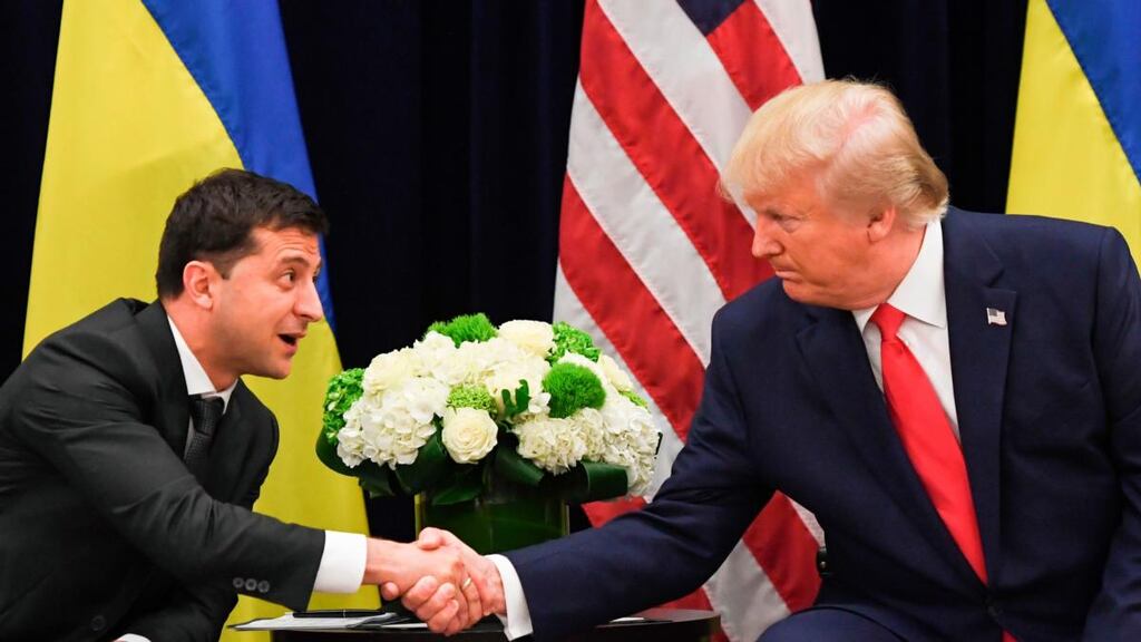 US president Donald Trump and Ukrainian president Volodymyr Zelenskiy during a meeting in New York on Wednesday evening. Photograph: Saul Loeb/AFP/Getty Images