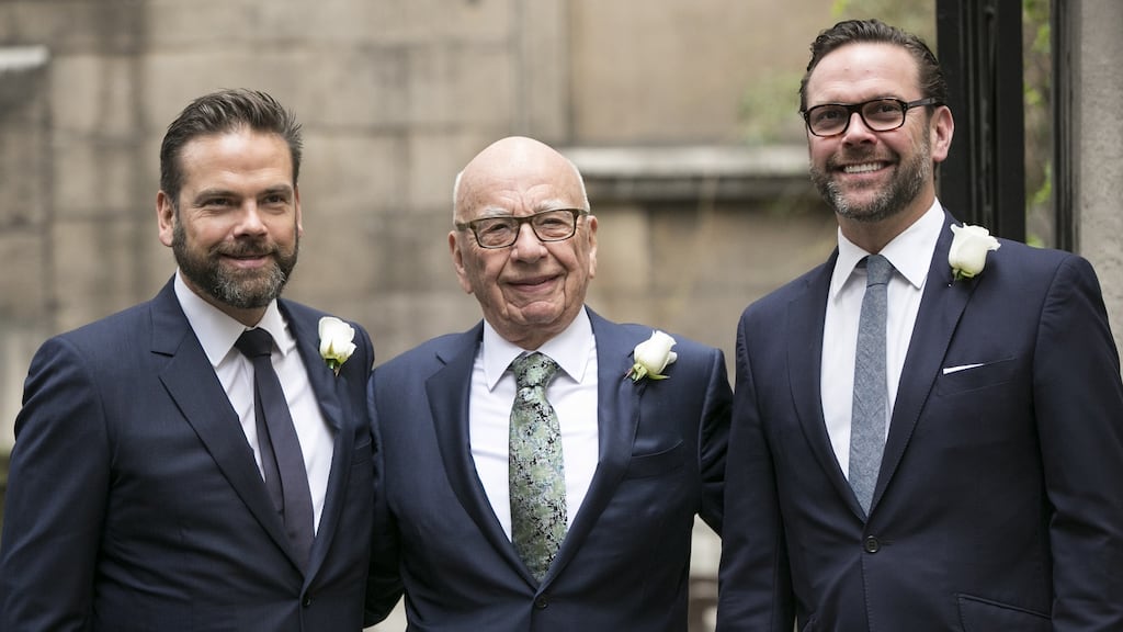 Rupert Murdoch with his sons James (right) and Lachlan (left) in London in 2016 as he celebrated his marriage to fourth wife Jerry Hall. Photograph: John Phillips/Getty Images