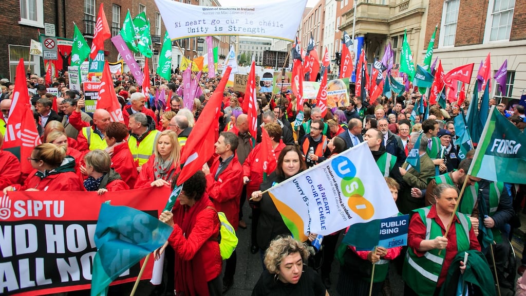 Protesters during a ‘Raise the Roof’ rally highlighting the housing crisis on Molesworth Street in Dublin on Wednesday. Photograph: Gareth Chaney/Collins