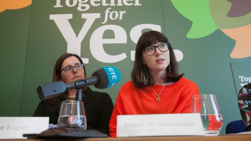 Niamh Ní Dhomhnaill (R) addresses Together for Yes’s launch of its position paper for the abortion referendum campaign, in Dublin. Photograph: Gareth Chaney/Collins