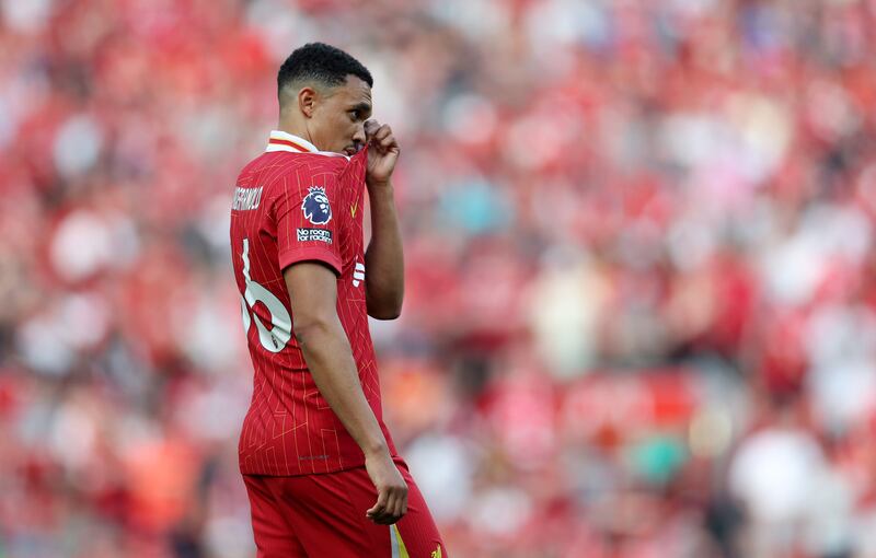 Trent Alexander-Arnold, possibly pondering the question as to whether being booed by Liverpool fans should make him happier or sadder about leaving the club. Photograph: Carl Recine/Getty Images