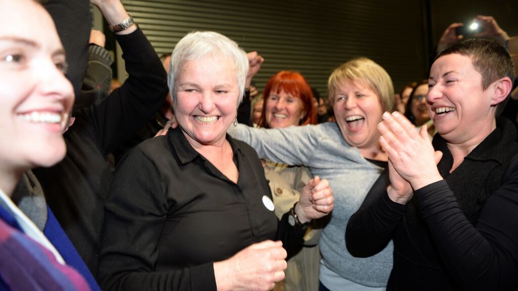 Bríd Smith of the Anti Austerity Alliance-People Before Profit party is elected in Dublin South Central count at the RDS. Photograph: Eric Luke / The Irish Times