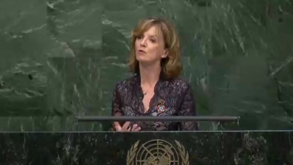 Campaigner Adi Roche delivers a plea to the United Nations general assembly in New York on the 30th anniversary of the Chernobyl nuclear disaster, in 2016. Photograph: Simon Carswell