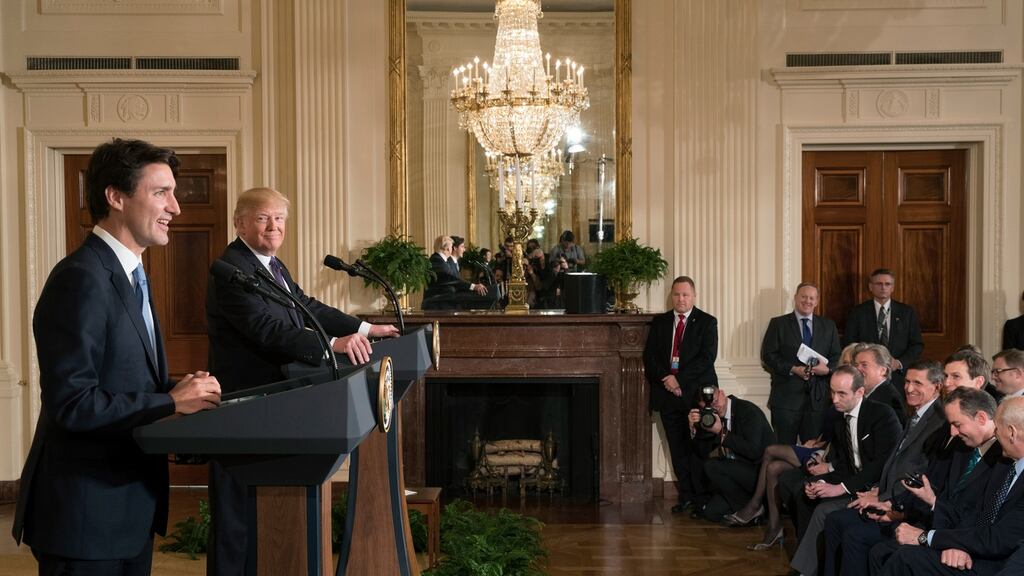 US president Donald Trump with Canadian prime minister Justin Trudeau. Trump said he had agreed to pleas to renegotiate the North American Free Trade Agreement. Photograph: Stephen Crowley/The New York Times