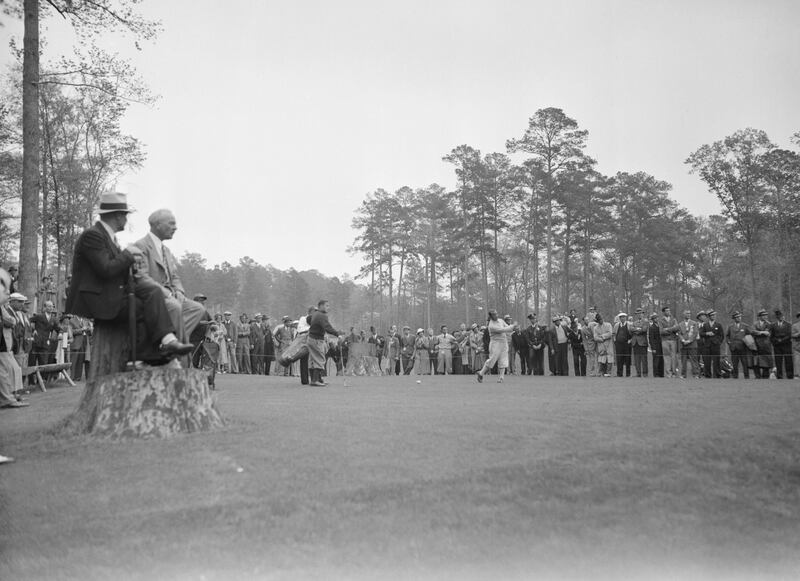 Gene Sarazen driving at the 12th at Augusta in 1935.