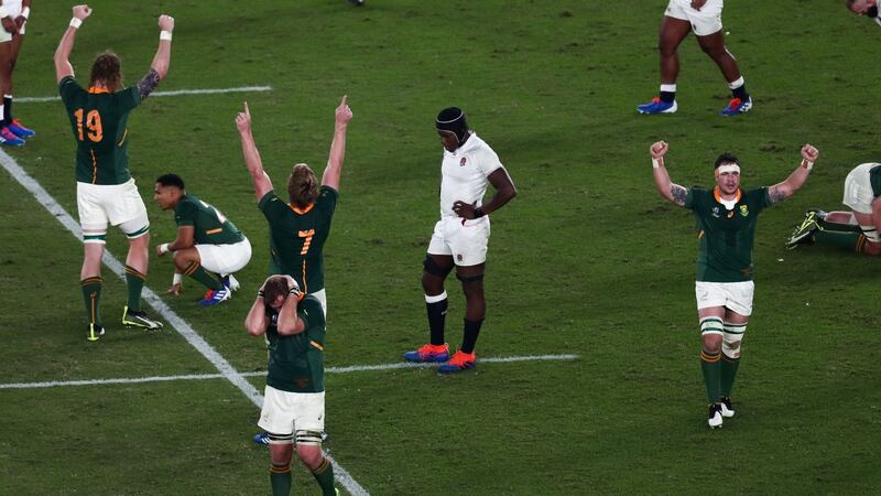 Maro Itoje looks dejected as South Africa celebrate their Rugby World Cup final victory. Photograph: Behrouz Mehri/AFP/Getty