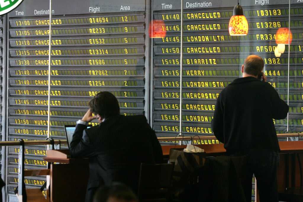 Stranded passengers at Dublin Airport where more than 60 flights have been cancelled over the past week. Photograph: Alan Betson