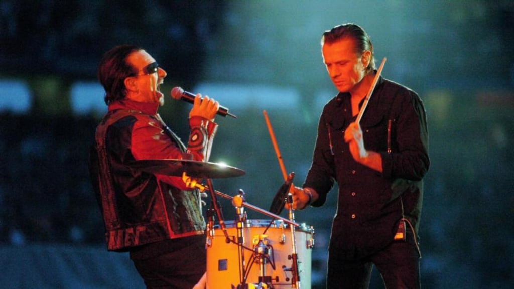 U2’s Larry Mullen performs with Bono  on stage during their Vertigo Tour at Croke Park. Photograph: aydn West/PA