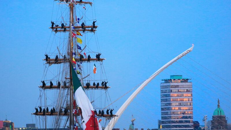 Crew can be see on the the rigging as Cuachtémoc berthed on Dublin city’s quays. Photograph: Nick Bradshaw/The Irish Times