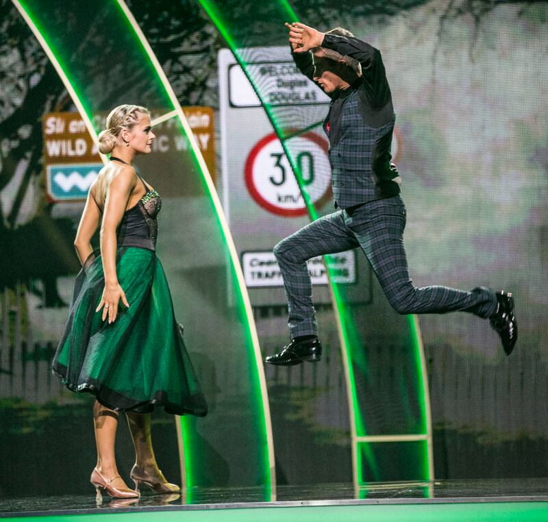 Rob Heffernan takes to the air during his tango with and Emily Barker. Photograph: Kyran O’Brien/RTÉ.