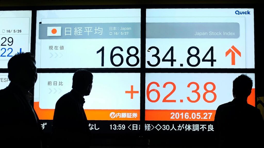 Japan’s Nikkei stock index slipped 0.5 per cent after rallying 1.4 per cent in the previous session. It is up 2.9 per cent for May, thanks to a tailwind from a weaker yen. (Photograph: KAZUHIRO NOGIKAZUHIRO NOGI/AFP/Getty Images)