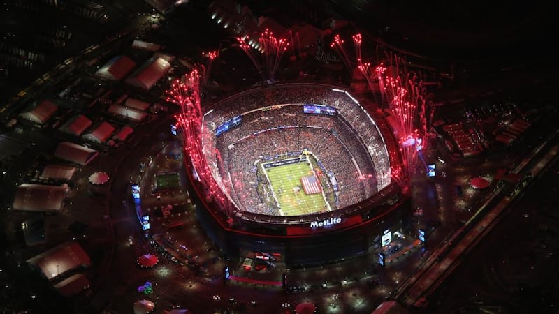 Fireworks erupt over Metlife Stadium ahead of Super Bowl XLVIII between the Seattle Seahawks and the Denver Broncos. More than 80,000 fans were expected to fill the stadium for the first Super Bowl to be played in an outdoor stadium in a cold weather city. Photograph: John Moore/Getty Images