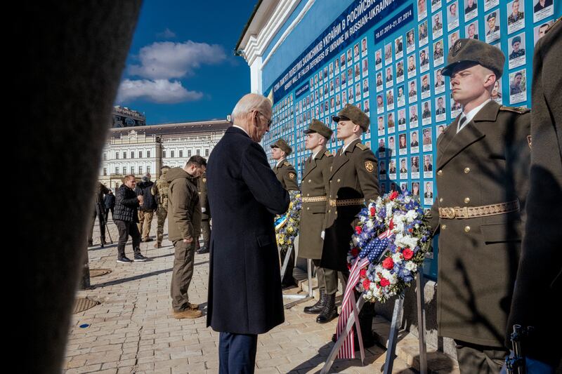 Joe Biden and Ukrainian president Volodymyr Zelenskiy pay respects to fallen soldiers in Kyiv on February 20th, 2023. Photograph: Daniel Berehulak/New York Times