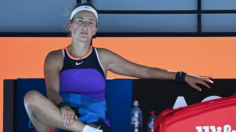 Victoria Azarenka  reacts during a break during her first-round match against  Jessica Pegula. Photograph: Dave Hunt/EPA