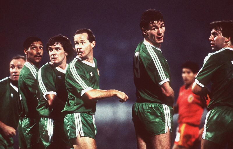 (From left) Dave Langan, Chris Hughton, Ray Houghton, Liam Brady, Frank Stapleton and Tony Galvin in the wall during a subsequent match against Belgium. Photograph: Billy Stickland/Inpho