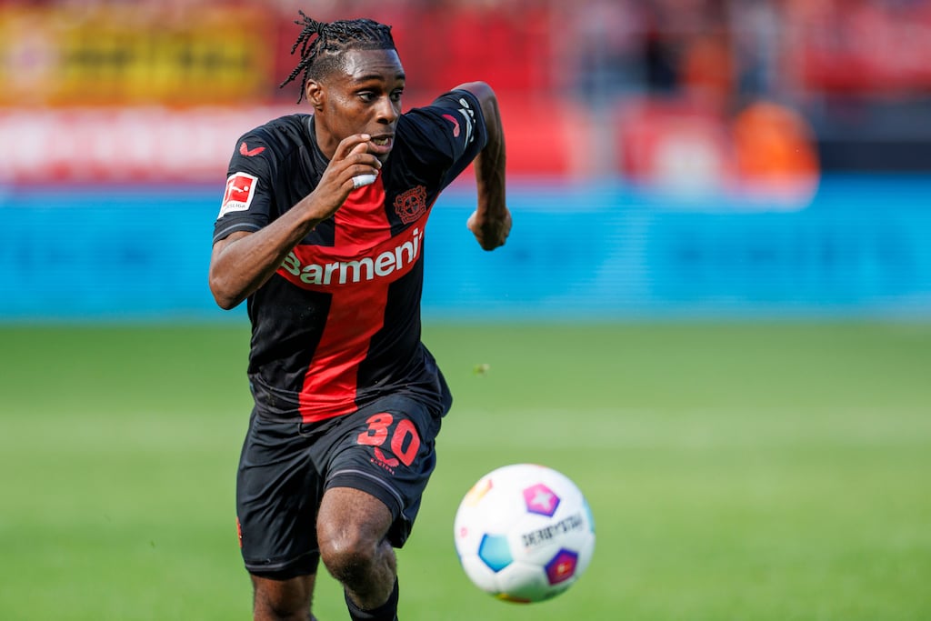 Leverkusen's Jeremie Frimpong in action in match between Bayer 04 Leverkusen and FC Heidenheim. Photograph: Christopher Neundorf/EPA