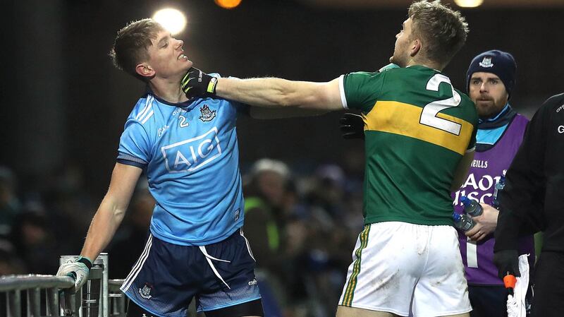 Kerry’s Peter Crowley and Michael Fitzsimons of Dublin tussle which results in Fitzsimons being sent off. Photograph: Lorraine O’Sullivan/Inpho