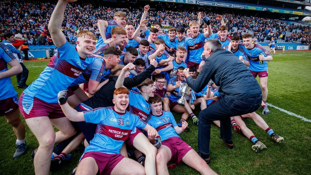 St. Michael’s College, Enniskillen celebrate with the trophy after their victory over Naas CBS in the Hogan Cup Final at Croke Park. Photograph: Oisín Keniry/Inpho