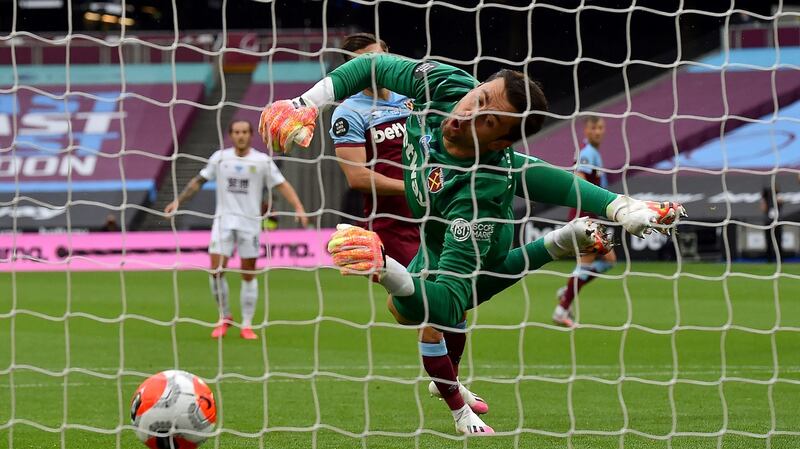 West Ham United goalkeeper Lukasz Fabianski can’t keep out Jay Rodriguez’s headed winner. Photograph: Justin Setterfield/PA