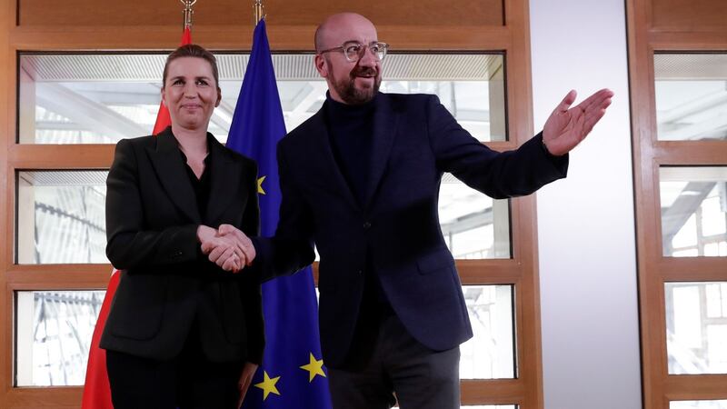Danish prime minister Mette Frederiksen and European Council president Charles Michel. All but four of Denmark’s administrations since the second World War have been minority ones.   Photograph: Olivier Hoslet/AFP via Getty Images