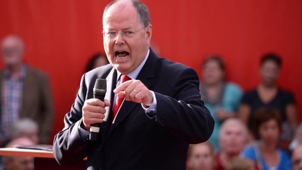 Peer Steinbrück in Hamburg yesterday where he responded to claims about his SPD allies links to the NSA. Photograph: Fabian Bimmer/Reuters