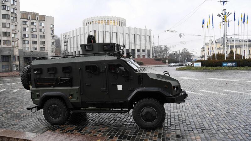A Ukrainian military vehicle drives in central Kyiv on February 24th, 2022. Photograph: Daniel Leal/ AFP via Getty Images