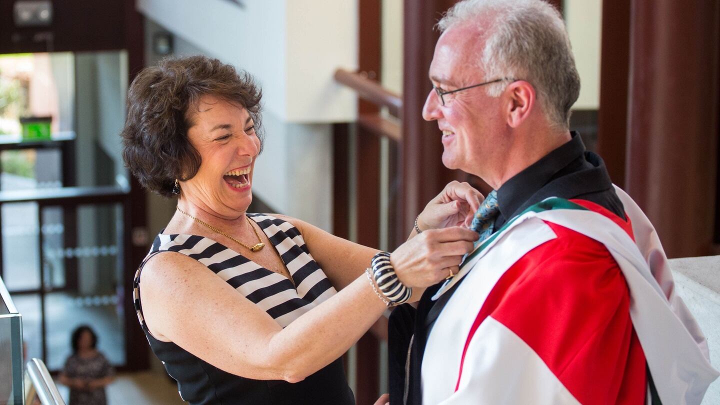 Prof Joseph O’Connor, the Frank McCourt Chair in Creative Writing, with Ellen McCourt, wife of the late Frank McCourt at his inaugural lecture at the University of Limerick. “It isn’t for every writer,” says O’Connor. “I didn’t do an MA in creative writing myself. But nobody would say to a talented young violinist, painter or dancer ‘Do you know what you should do? Take no lessons.’” Photograph: Alan Place/FusionShooters