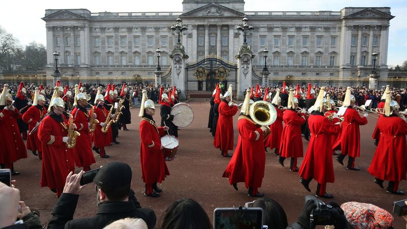 A band  outside Buckingham Palace in London as Queen Elizabeth II made history by becoming the first British monarch to reach their Sapphire Jubilee.  Photograph: Philip Toscano/PA Wire