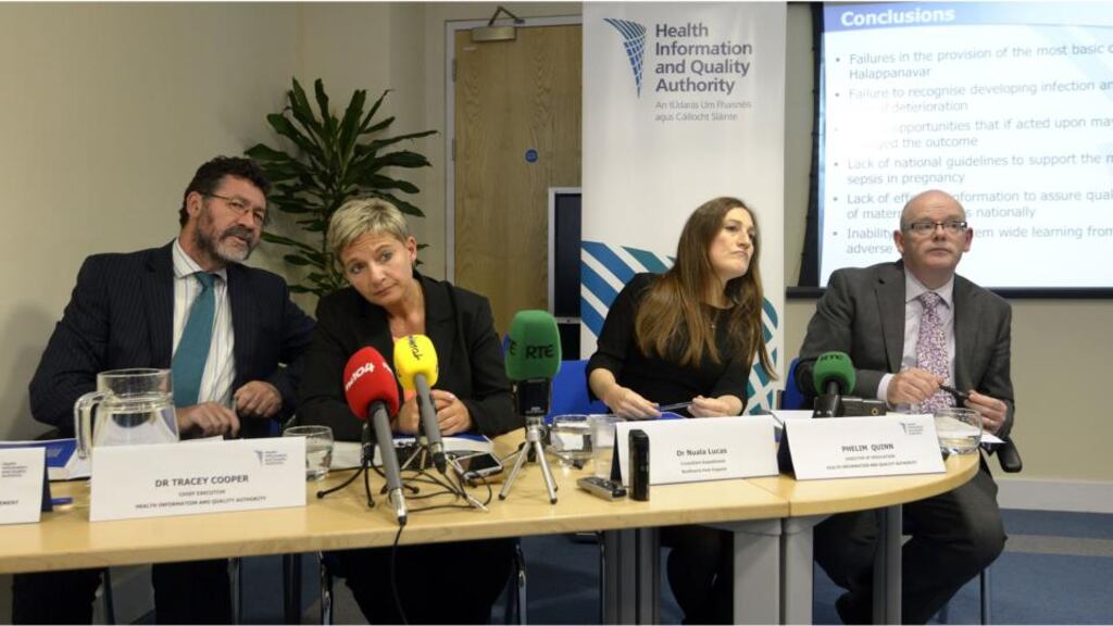 Marty Whelan,  Health Information and Quality Authority head of communications, chief executive Dr Tracey Cooper, consultant anaesthetist Dr Nuala Lucas, and director of regulations Phelim Quinn at the publication yesterday of the report into the death of Savita Halappanavar. Photograph: Brenda Fitzsimons