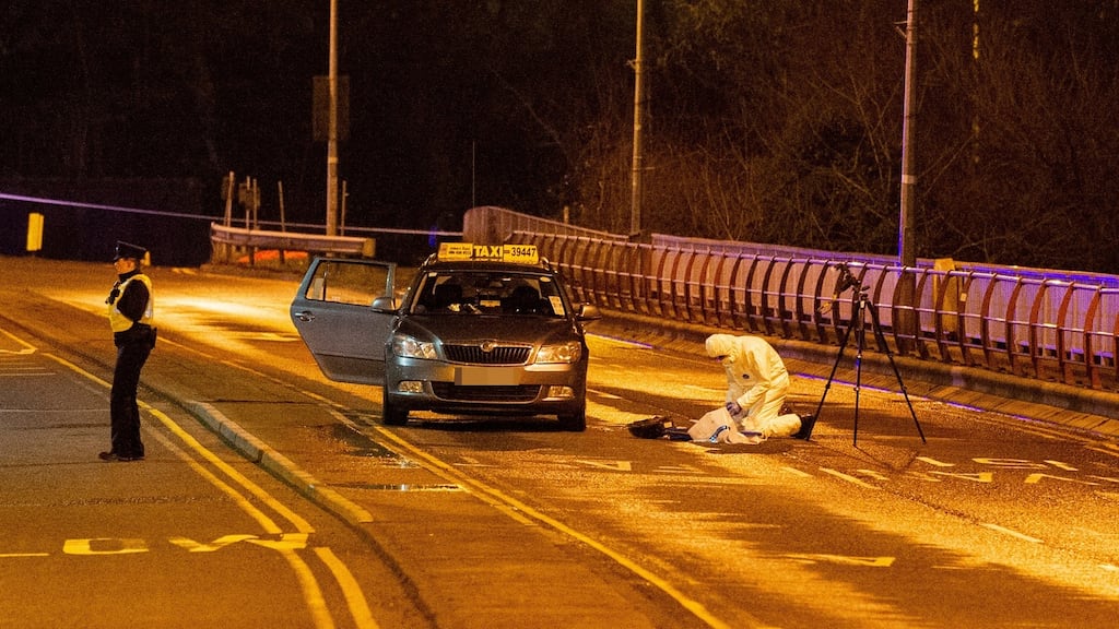 Gardaí at the scene of a shooting on the Bridge of Peace in Drogheda on Monday night. Photograph: Ciara Wilkinson