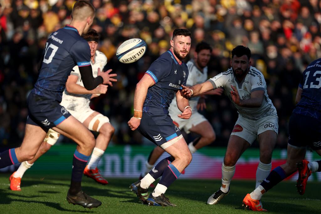 Leinster's Robbie Henshaw passes the ball during the European Champions Cup match against La Rochelle. Photograph: Romain Perrocheau/AFP via Getty Images