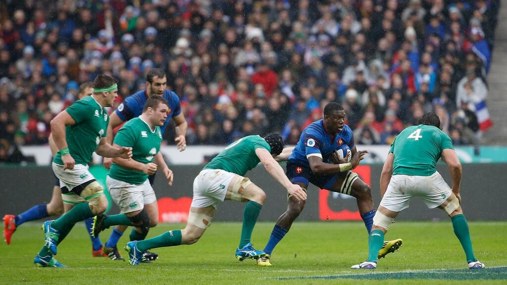 France’s Yacouba Camara tries to evade the Irish defence during the Six Nations match between France and Ireland at the Stade de France, Paris, on Saturday. Thomas Samson/AFP/Getty Images