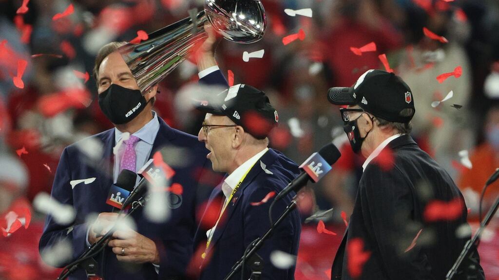 Tampa Bay Buccaneers owner Joel Glazer holds the Lombardi Trophy after his team defeated the Kansas City Chiefs in Super Bowl LV in February. Photo: Patrick Smith/Getty Images